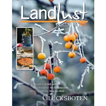 Titelbild der Zeitschrift „Landlust“ Januar/Februar 2019 mit gefrorenen gelb-orangefarbenen Beeren im Vordergrund, drei kleineren Bildern links (Blumentöpfe, Pilzgericht), Texthinweisen auf Artikelthemen und dem Titel „GLÜCKSBOTEN“.