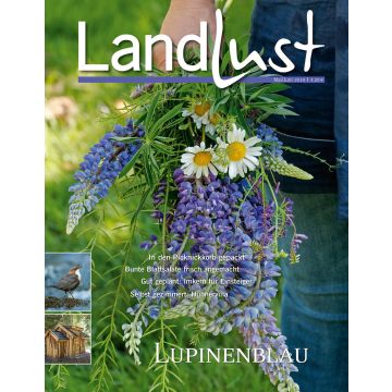 Titelbild der Zeitschrift „Landlust“ mit einem Blumenstrauß aus Lupinen und Margeriten in einer Hand, daneben Texthinweise auf Inhalte der Ausgabe sowie der Schriftzug „Lupinenblau“.









ChatGPT fragen
