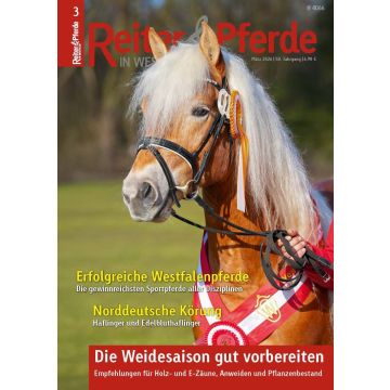 Das Titelbild der März-Ausgabe von "Reiter & Pferde in Westfalen" zeigt eine Nahaufnahme eines Haflingers mit hellem Langhaar, Trense und Siegerschleife. Auf dem Cover stehen Themen zu erfolgreichen Westfalenpferden, der Norddeutschen Körung sowie zur Vor